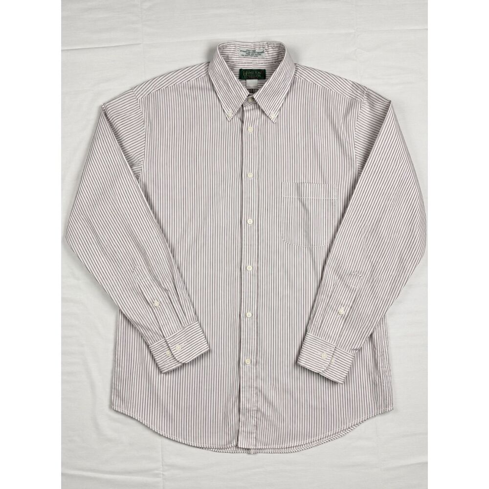 Hamilton Collection Mens White Striped Button Down Dress Shirt Long Sleeve Large